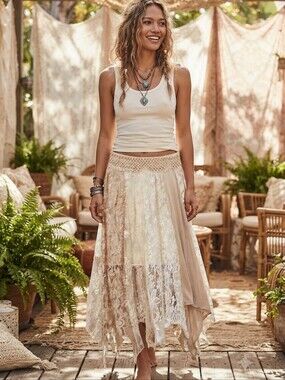 NEW Spellbound Boho Patchwork Lace Midi Skirt Crochet Waist Made in Texas Floral